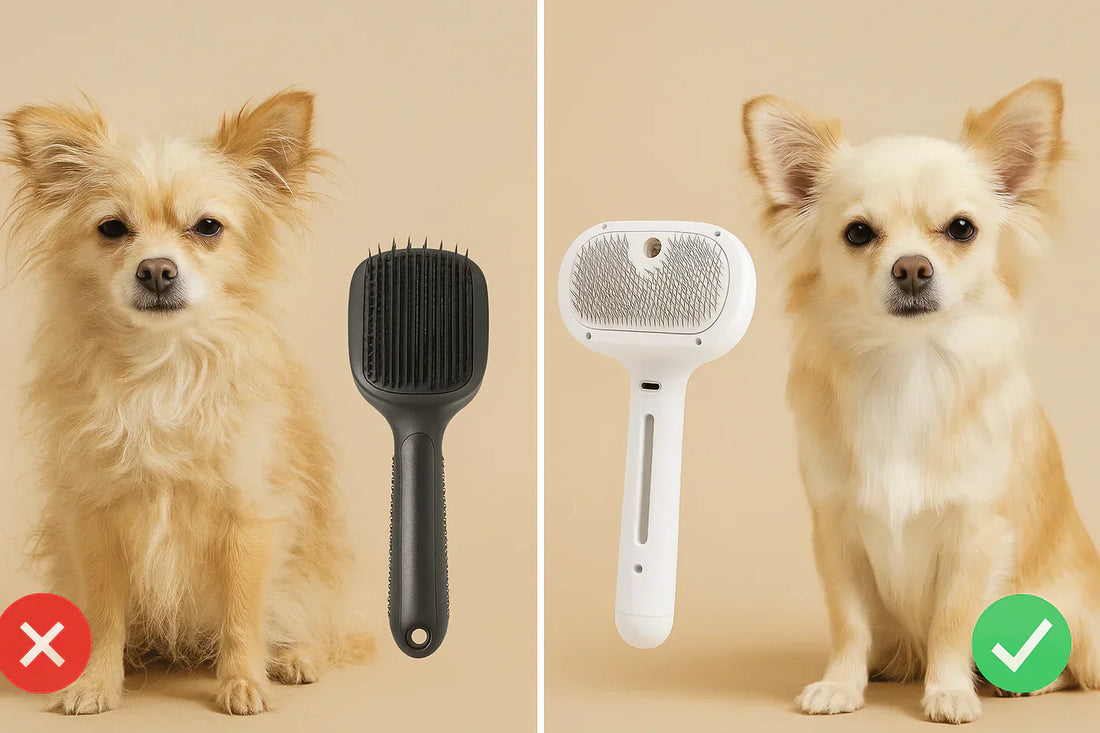 Comparison of dog grooming brushes – on the left a dog with messy fur and a traditional black brush (red X), on the right a dog with smooth, shiny fur and the Shiny Paws self-cleaning brush (green check mark)